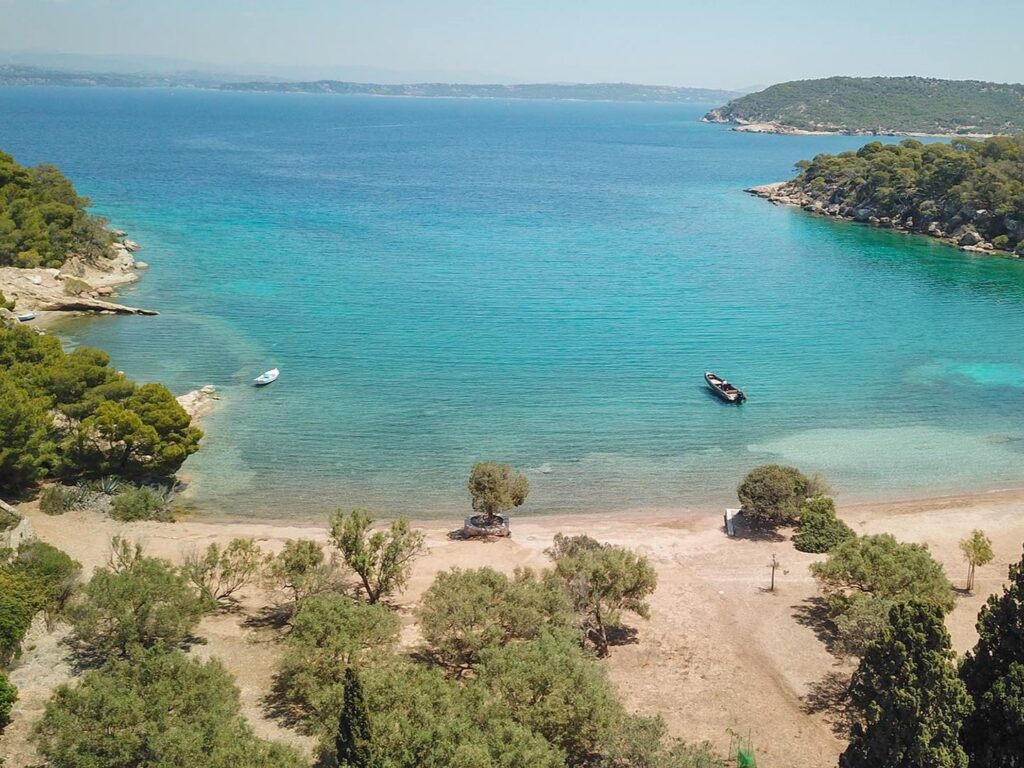 Crystal clear waters and total privacy in Spetses during a private day trip from Athens with Don Blue Yachting.