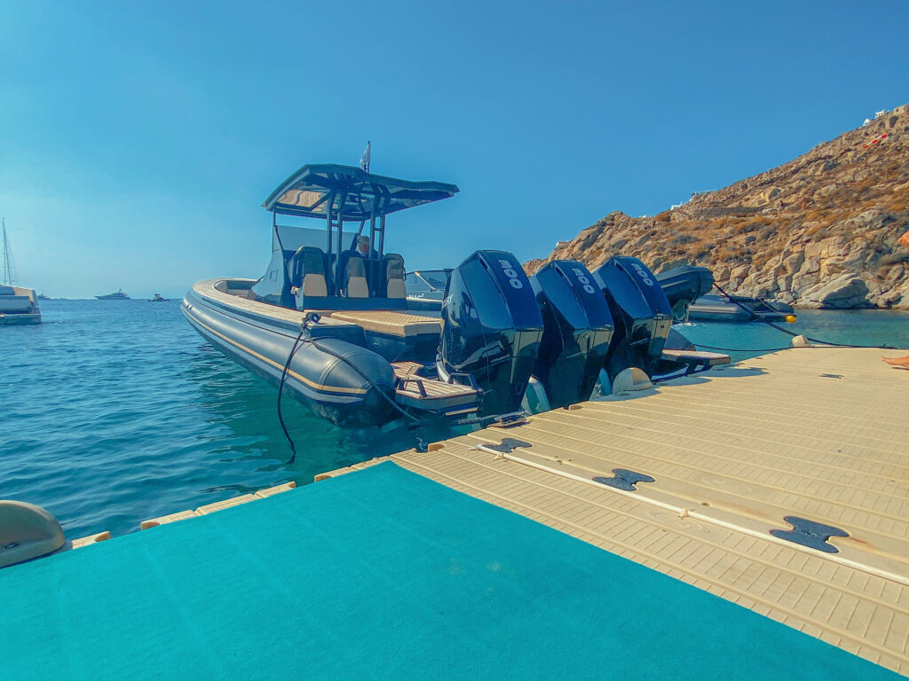 Swift and stylish boat transfer in Mykonos, arriving directly at the island's most exclusive beach clubs with Don Blue Yachting.