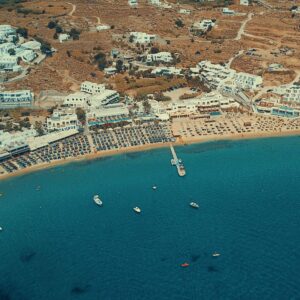 The iconic beach coastline, viewed from our deck during a sunset tour of the most legendary Mykonos beaches.