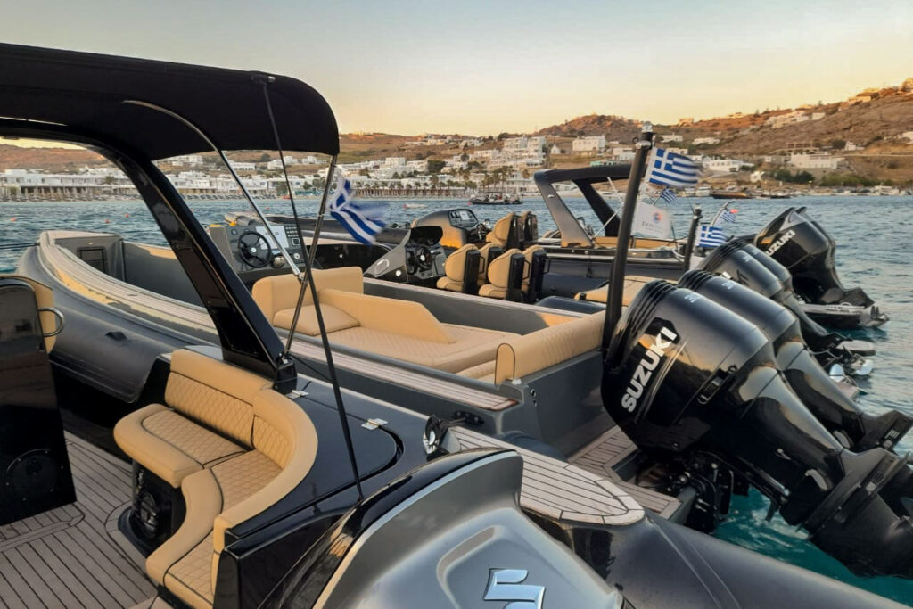 The Don Blue Yachting fleet ready for a premium boat transfer to Scorpios Mykonos, the ultimate way to arrive at the beach club.