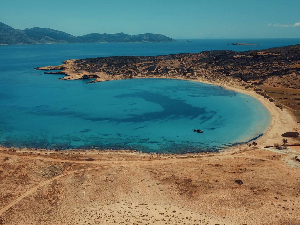 Anchoring at Pori, one of the best beaches in Koufonisia, famous for its vast turquoise lagoon and golden sand.