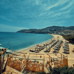 Crystal clear waters at Kalo Livadi, a must-visit spot on our private cruise exploring the southern Mykonos beaches.
