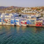 Sunset over the historic houses of Little Venice Mykonos.
