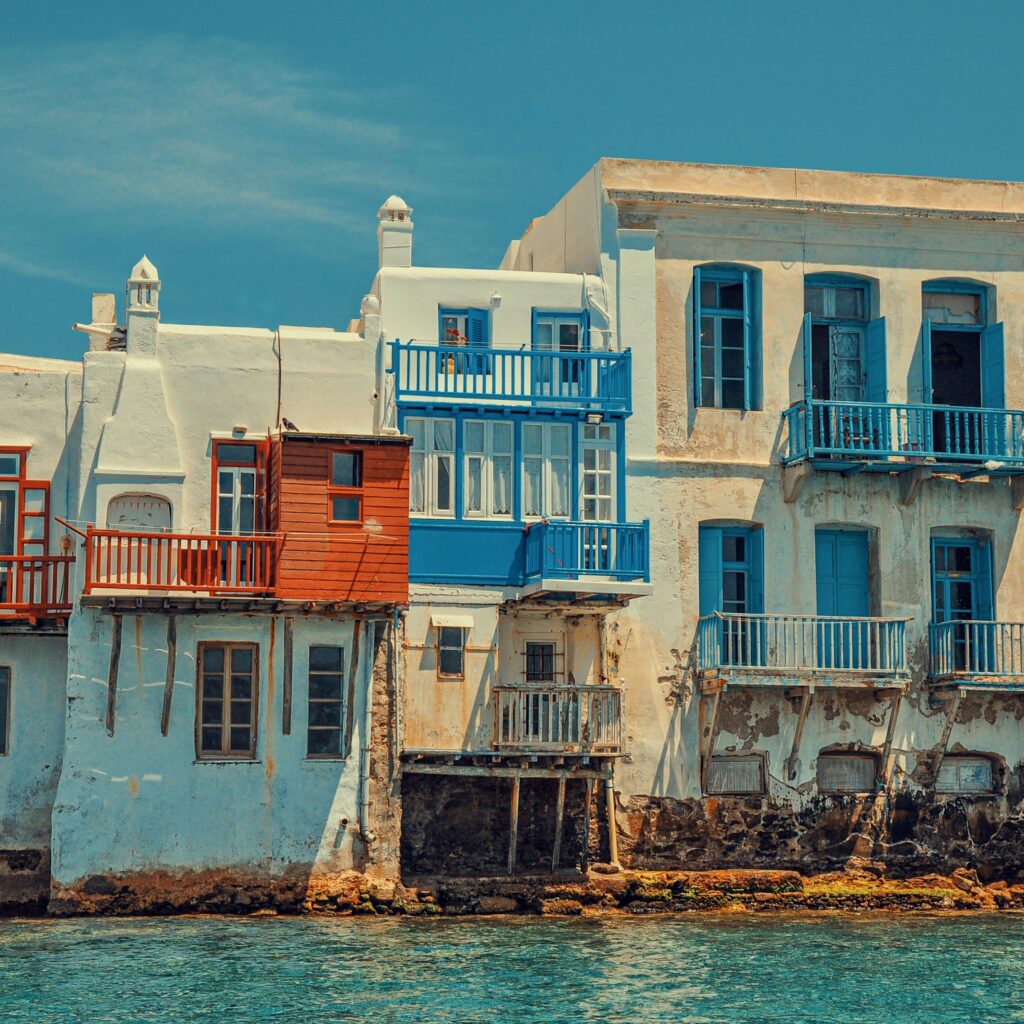 Crystal blue waters in front of Little Venice Mykonos.
