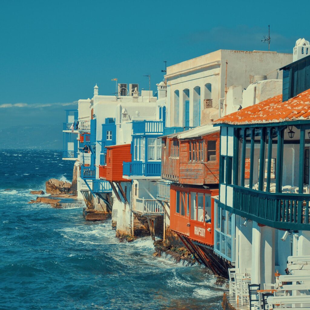 View of the colorful balconies at Little Venice Mykonos.
