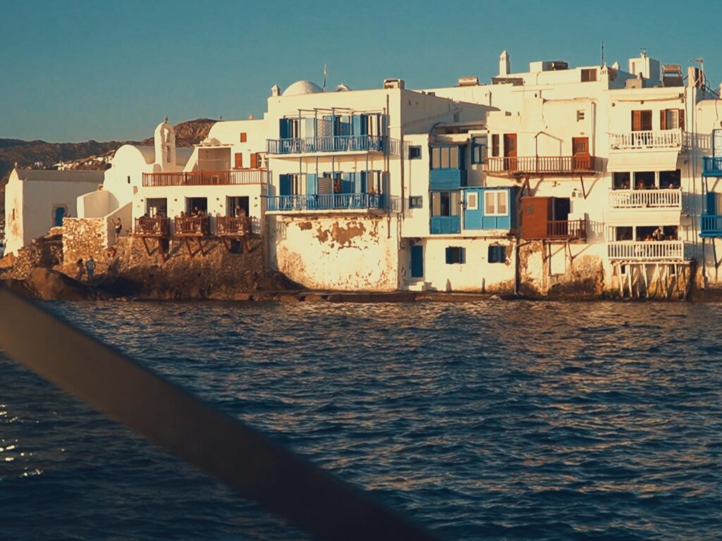 View of the colorful houses at Little Venice Mykonos.