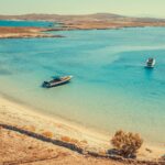 The green spring landscape of Rhenia island during Easter in Mykonos.