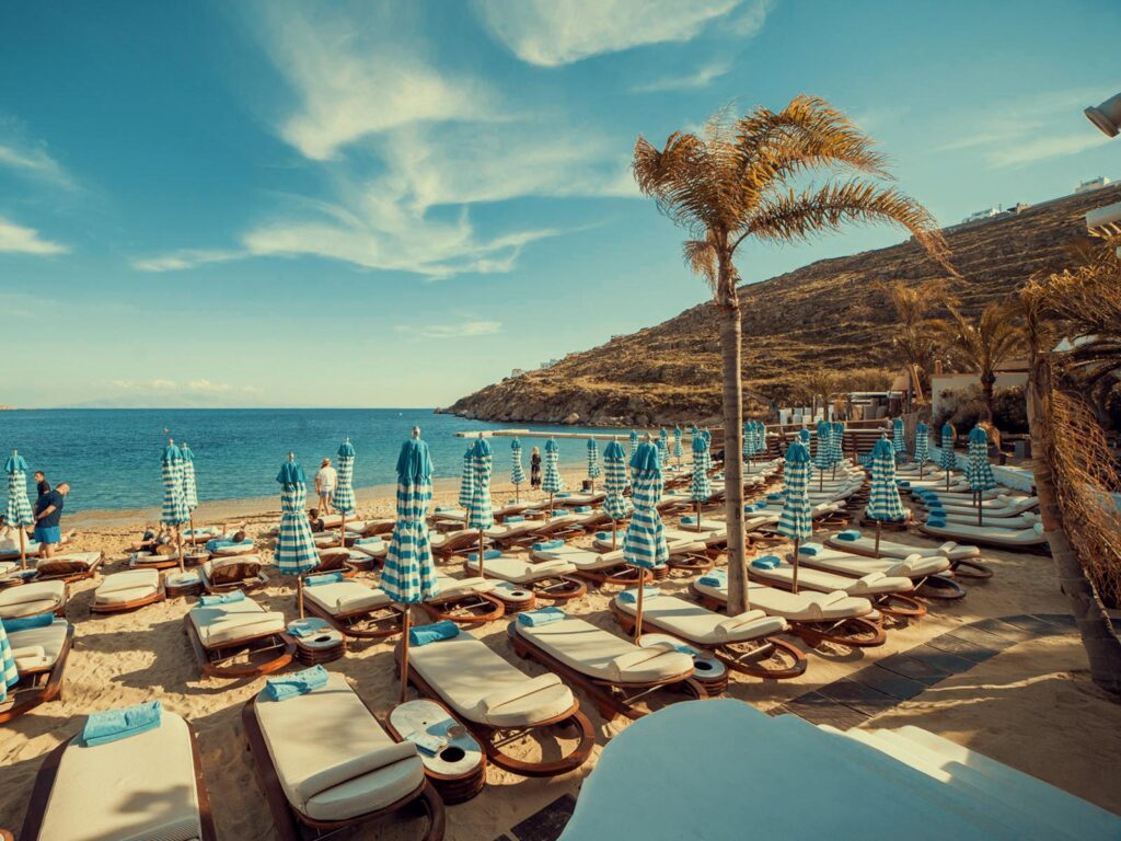 The beach view of Nammos club, accessible via Mykonos restaurants by boat