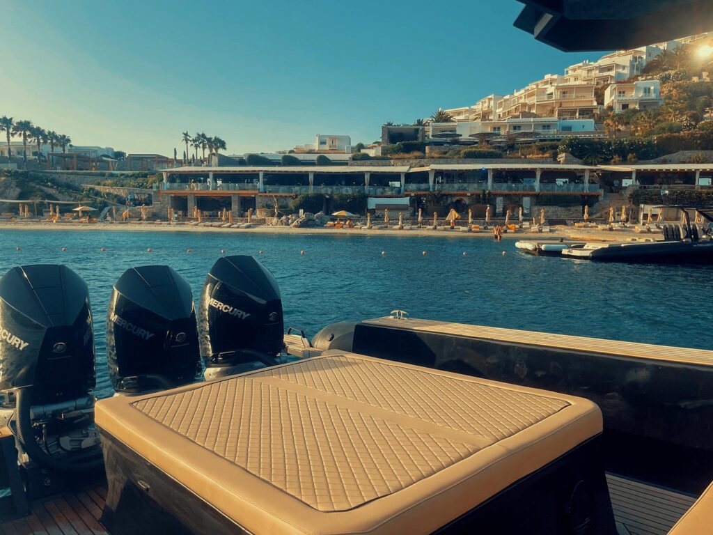 The stylish entrance of Buddha-Bar, accessible via Mykonos restaurants by boat.