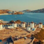 Amazing drone view of the white Windmills of Mykonos.