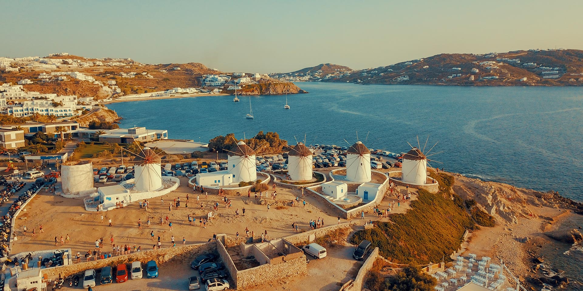 Amazing drone view of the white Windmills of Mykonos.