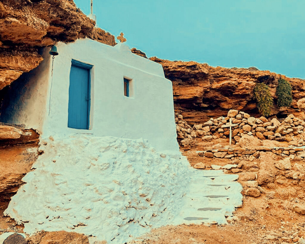 The historic chapel of Panagia built on the rocky terrain of Dragonisi island.