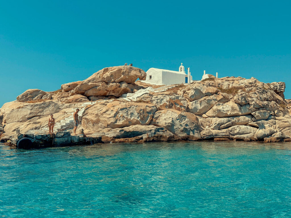 The rocky islet of Agia Kali with its small chapel near Kolymbithres - a historic hidden gem on the north coast of Paros only reachable by sea on a Don Blue Yachting private cruise