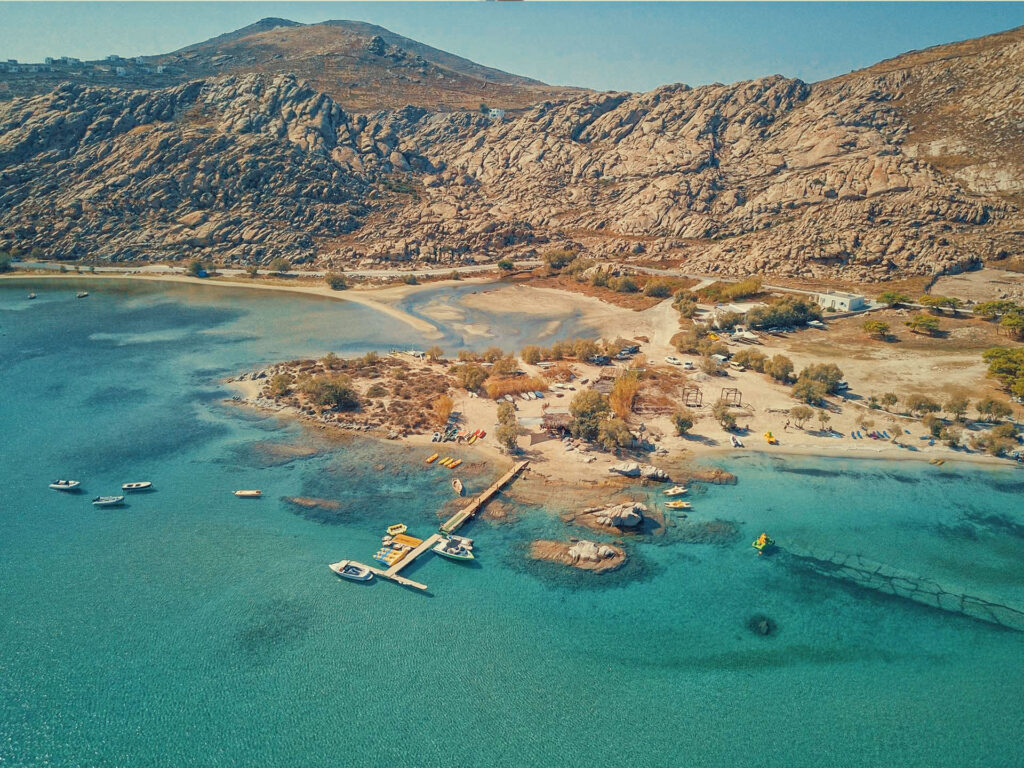 Aerial drone view of Kolymbithres beach on the north coast of Paros with its turquoise waters - one of the best beaches in Paros visited on a Don Blue Yachting private cruise
