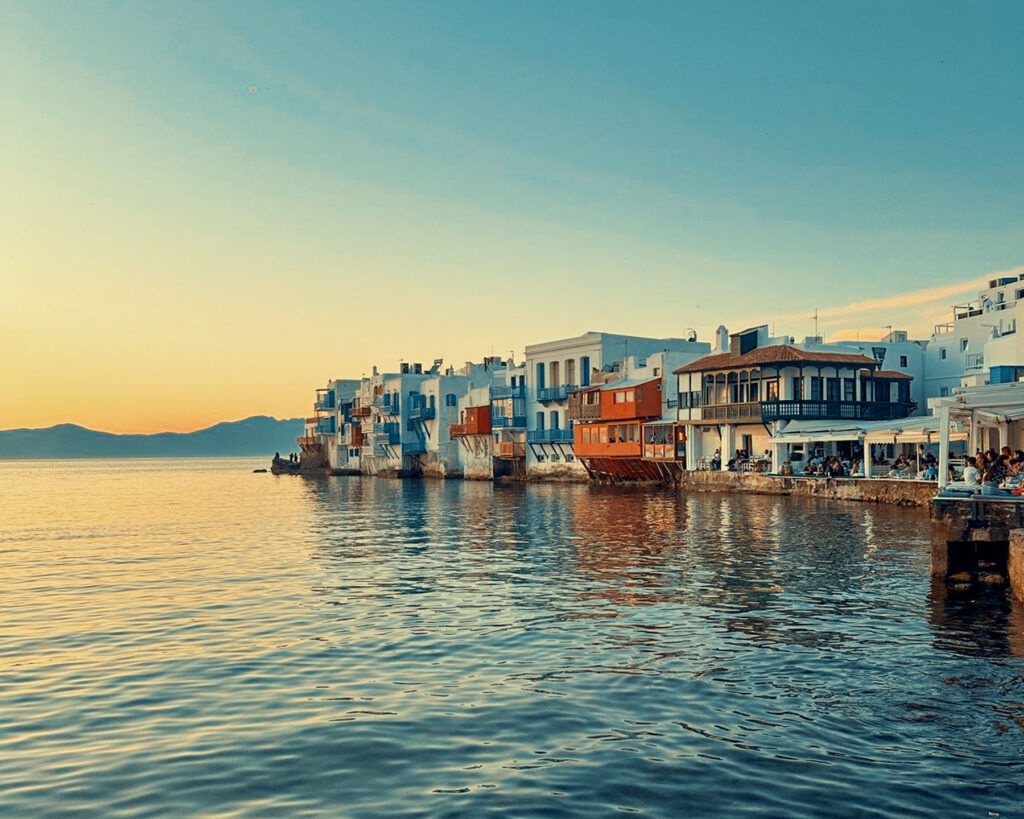 Little Venice Mykonos glowing at sunset — one of those views that reminds you exactly why June and September are the best time to visit Mykonos with Don Blue Yachting
