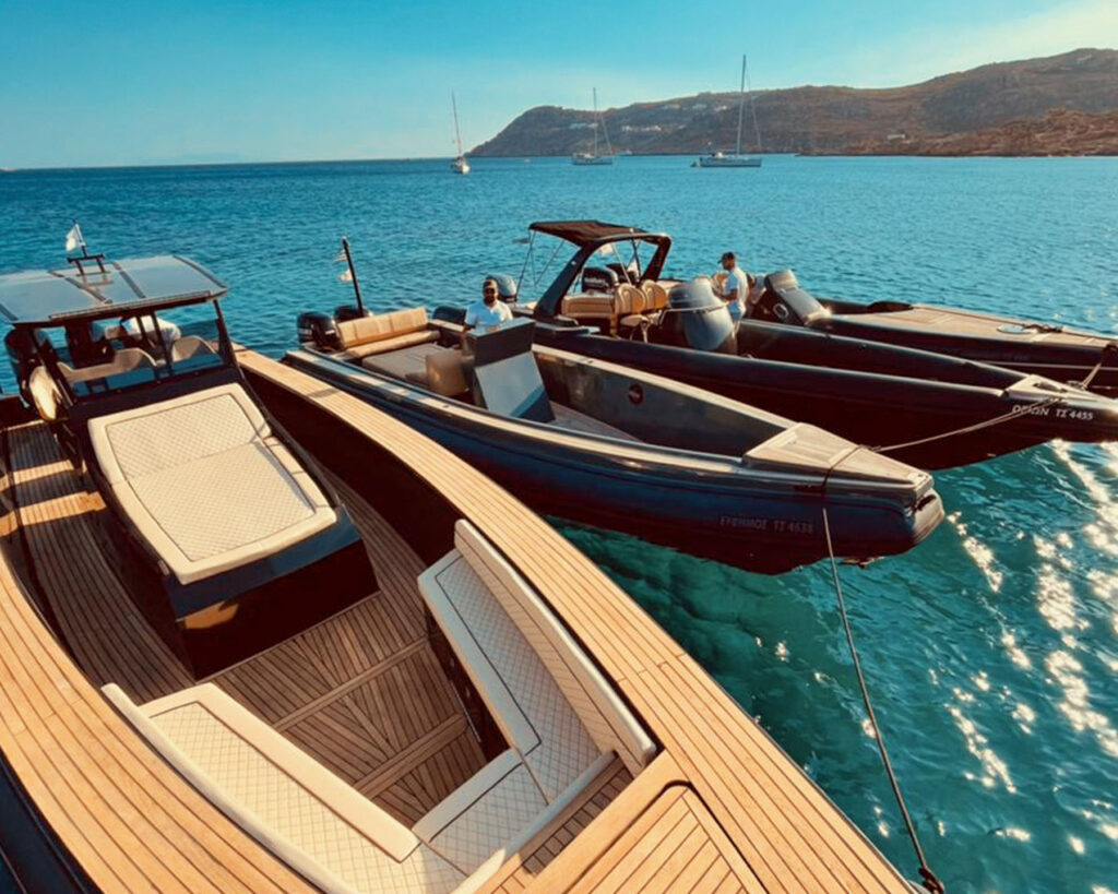 Guests boarding the Don Blue Yachting fleet ready for departure during the Kayali event Greece sea transfer from Mykonos to Tinos