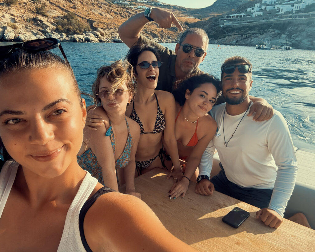 The Poseidon Don Blue Yachting yacht on the Aegean during Camila Cabello's Mykonos private cruise