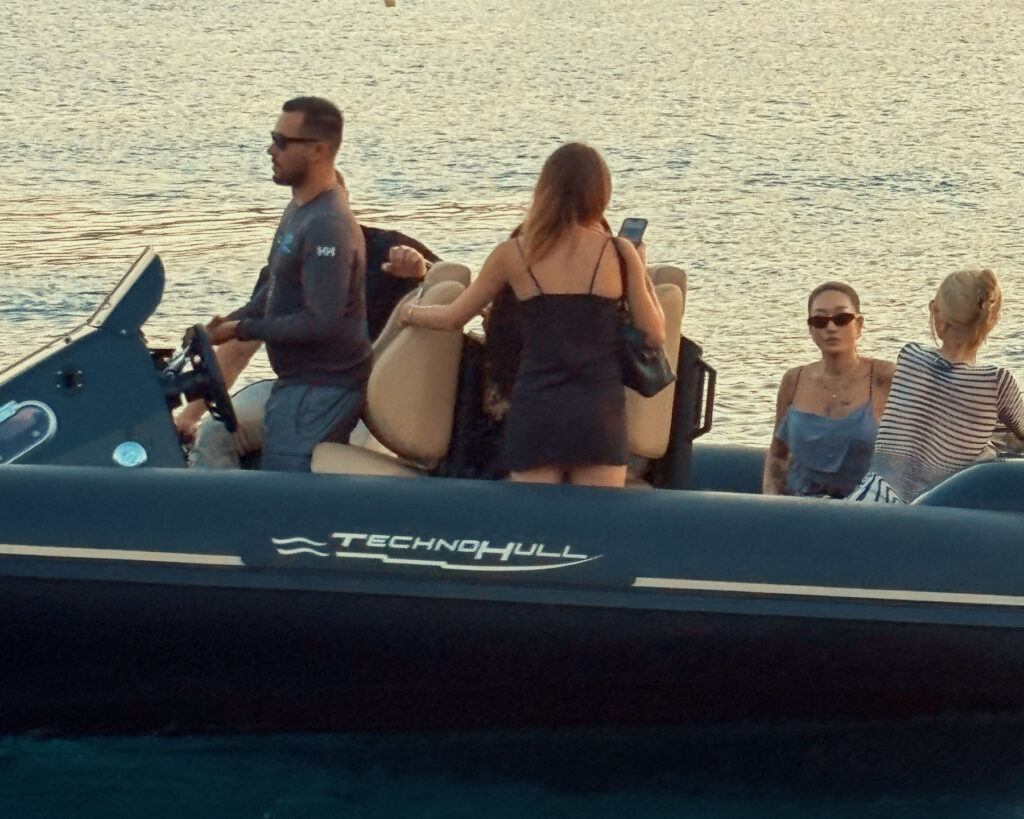 Gou and her team aboard a Don Blue Yachting private boat crossing the Aegean to Scorpios Mykonos summer