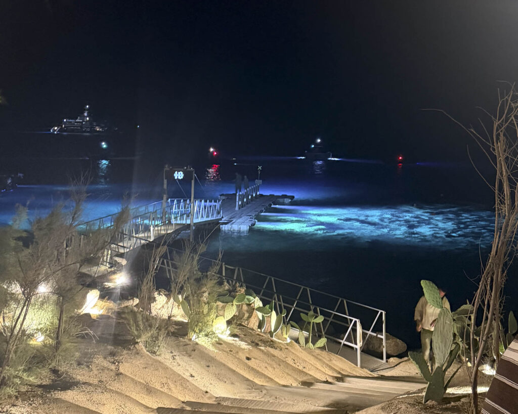 The Scorpios Mykonos floating stage on the night of an ANOTR Music Ritual with Don Blue Yachting as sea transfer partner