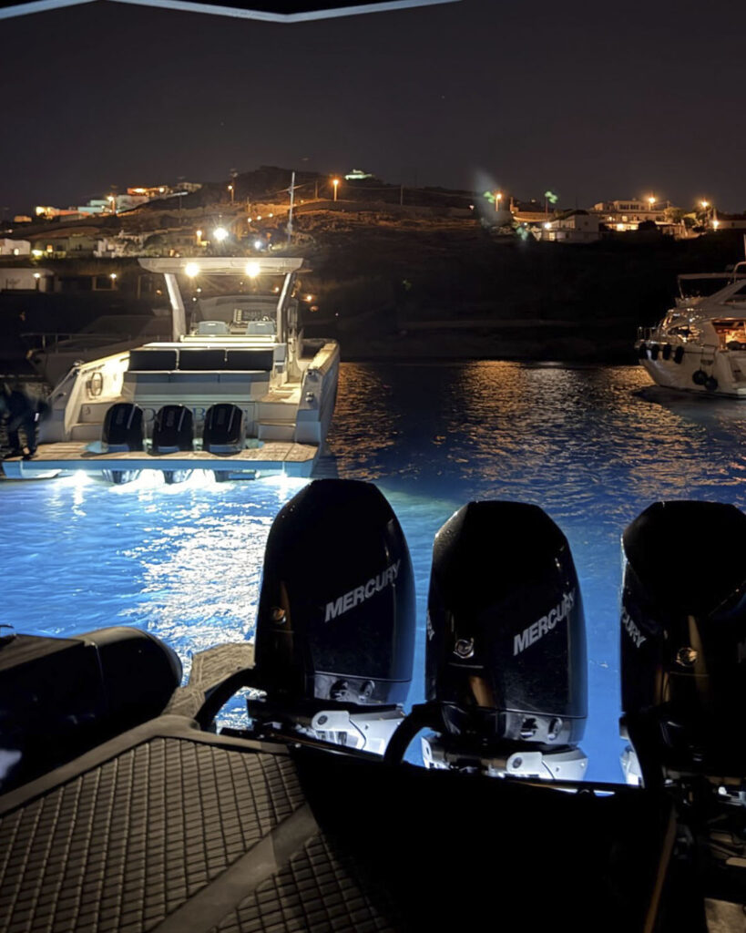 The Scorpios Mykonos floating stage on the night of an ANOTR Music Ritual with Don Blue Yachting as sea transfer partner