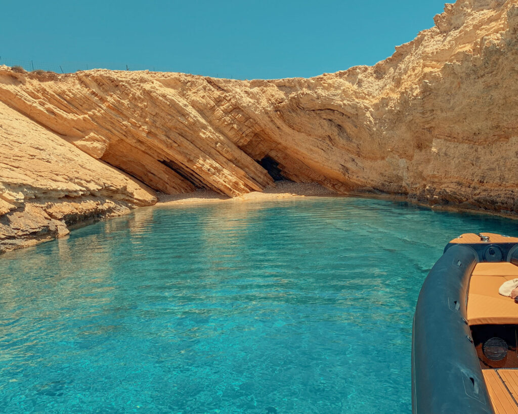 A tiny hidden beach on the eastern coast of Glaronisi Koufonisia with crystal clear turquoise water visited by Don Blue Yachting