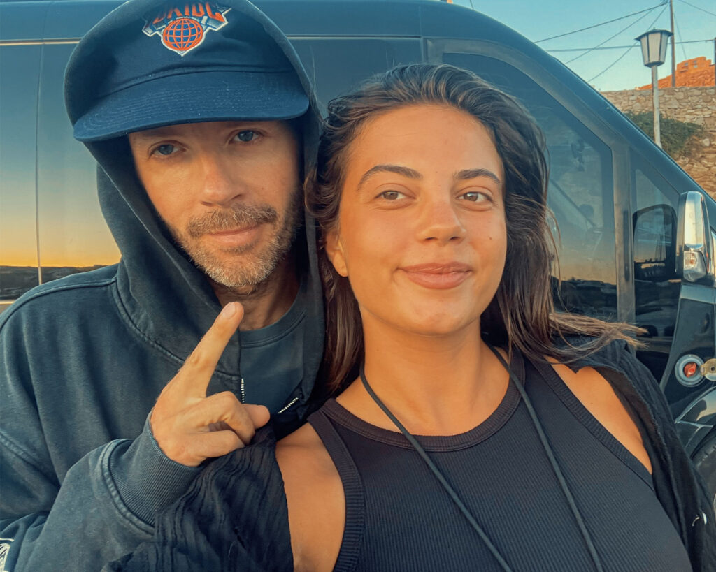 Rampa taking a selfie with a Don Blue Yachting team member before his Scorpios Mykonos Music Ritual transfer summer 2026